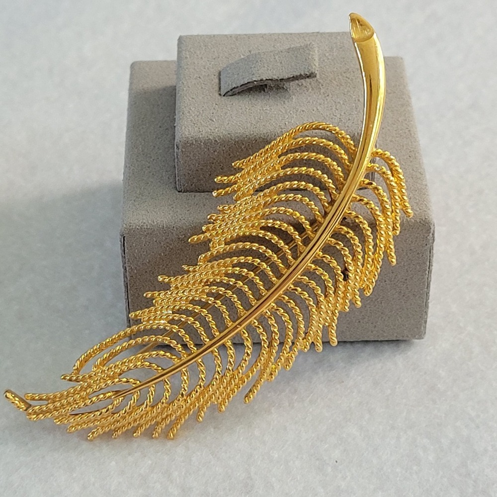 Monet Gold Tone Feather Brooch Textured Openwork Statement Pin